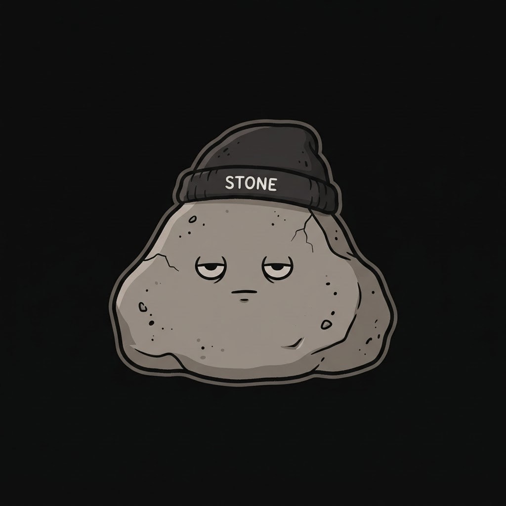 Stone, a calm cartoon rock mascot wearing a beanie that says STONE